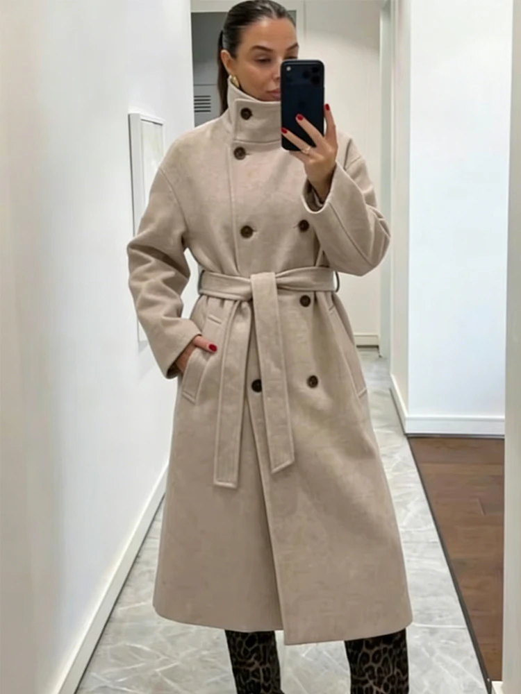 

Новое зимнее женское повседневное шерстяное пальто на шнуровке, приталенное, с длинными рукавами, двубортное, с карманами, однотонное верхнее пальто