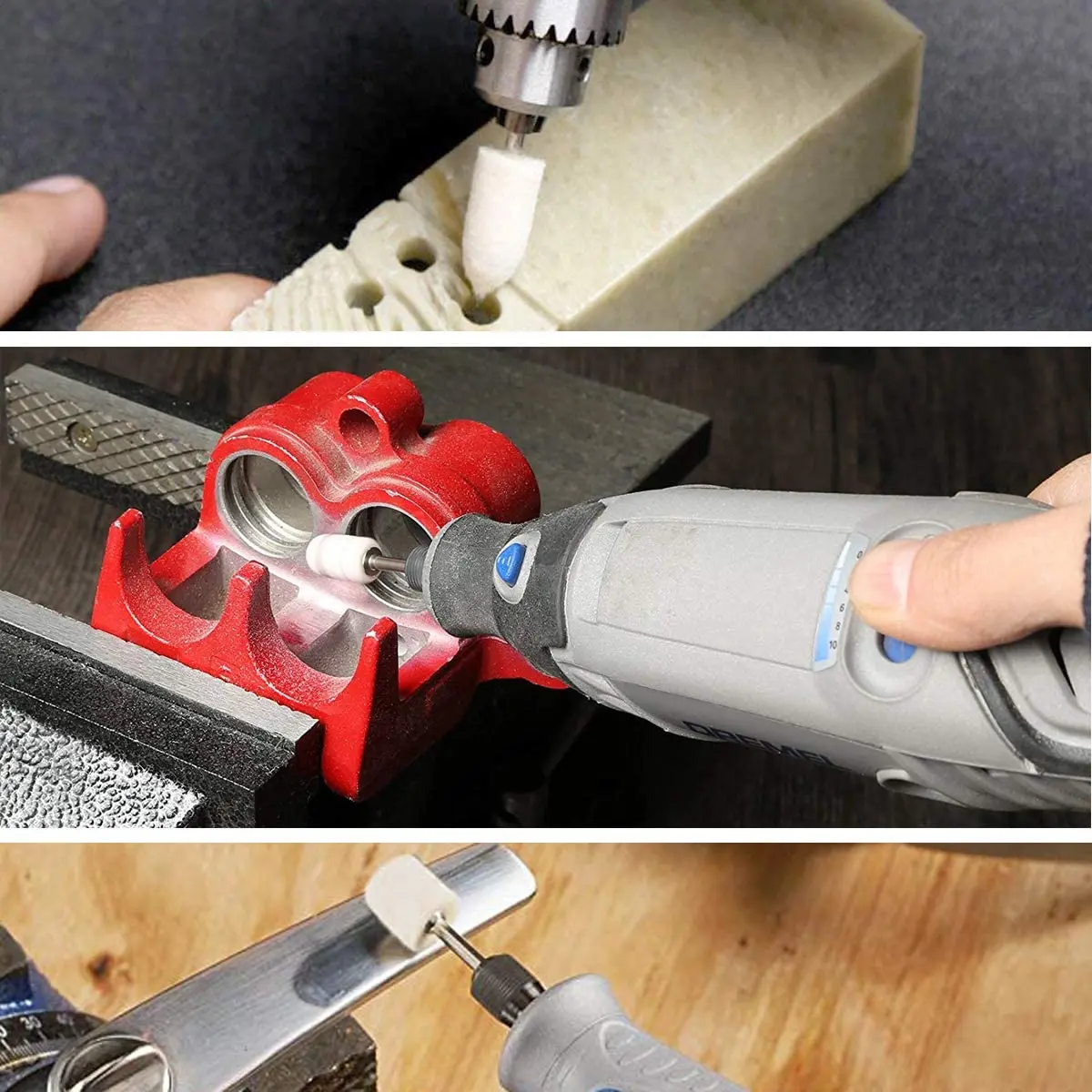 10 Chiếc Cao Su Gốm Len Cảm Thấy Đầu Mài Đánh Bóng Nhám Bánh ĐỆM PHỒNG Bánh Xe Dremel Rotary Dụng Cụ Điện Với 3MM Chuôi Lục