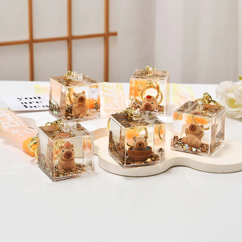 Creative Cute Flowing Sand Bottle Capybara Keychains Car Keychain Anime Cartoon Pendant Keyring Backpack Decoration Gifts