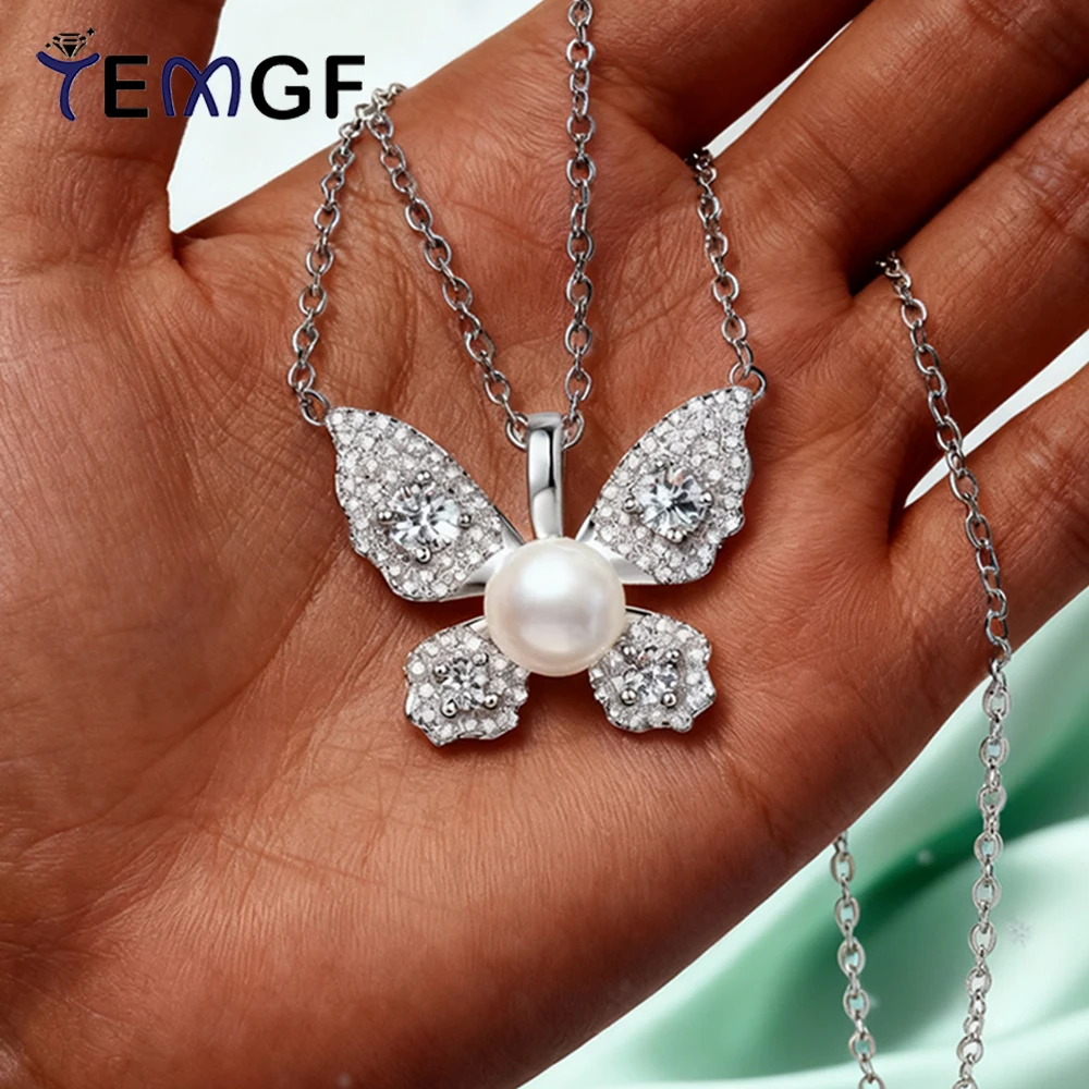 

TEMGF 925 Sterling Silver Butterfly Pendant Necklace Moissanite Freshwater Pearl Inlay Sparkling Fine Jewelry Charm Fashion Item
