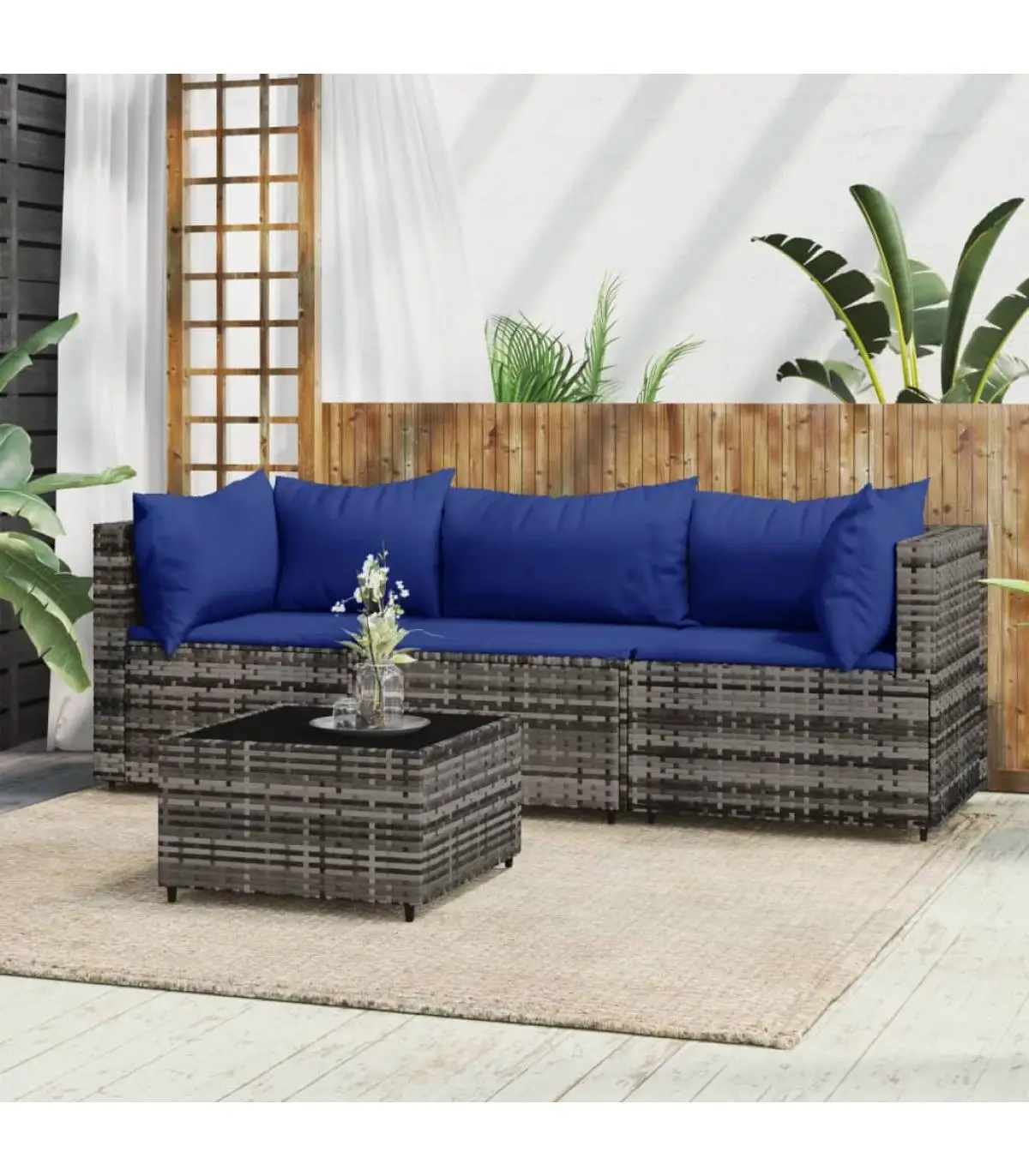 Outdoor sofas garden furniture Set 4 PCs and gray synthetic rattan cushions