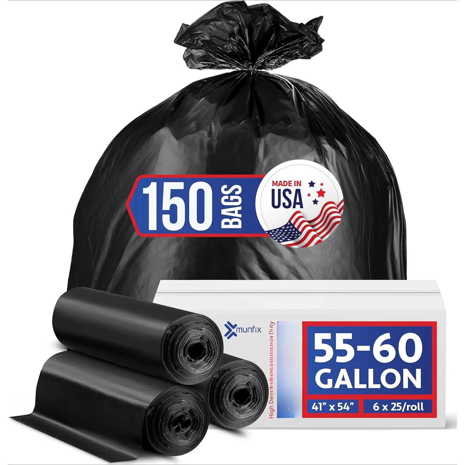 

55-60 gallon heavy-duty garbage bags - bulk 150 bags large garbage bags - made in the United States