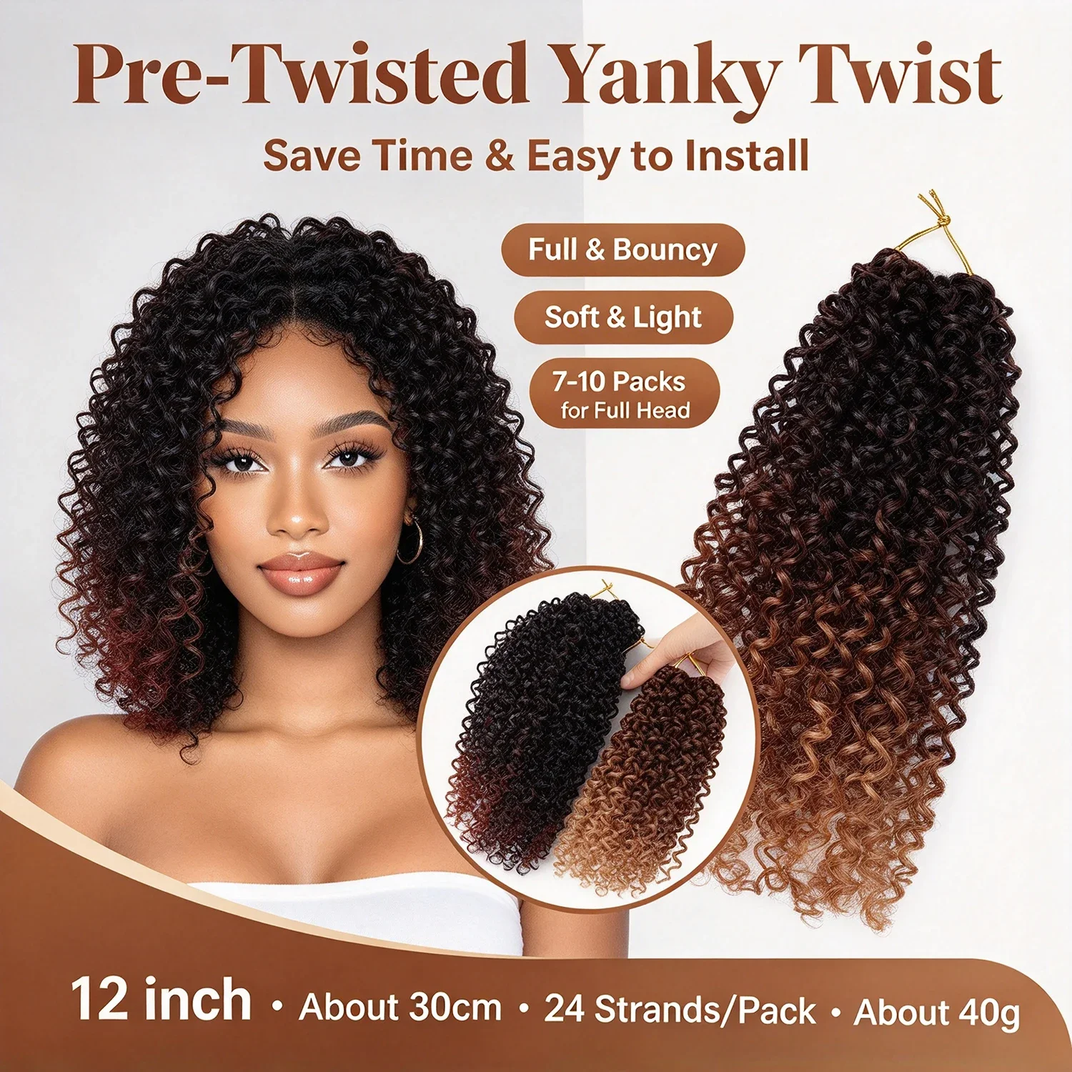 Yanky Twist Pre-Twisted Crochet Braids Afro Small Kinky Curly Synthetic Hair 40g/Pack, Ombre Color Options for African Women