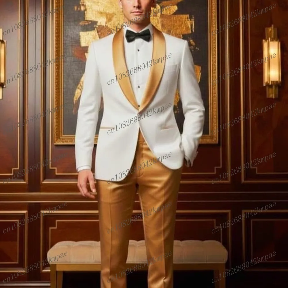 

New White And Gold Men Suit Formal Occasion Groom Groomsman Wedding Party Prom Male Business Tuxedos 2 Piece Blazer Pants