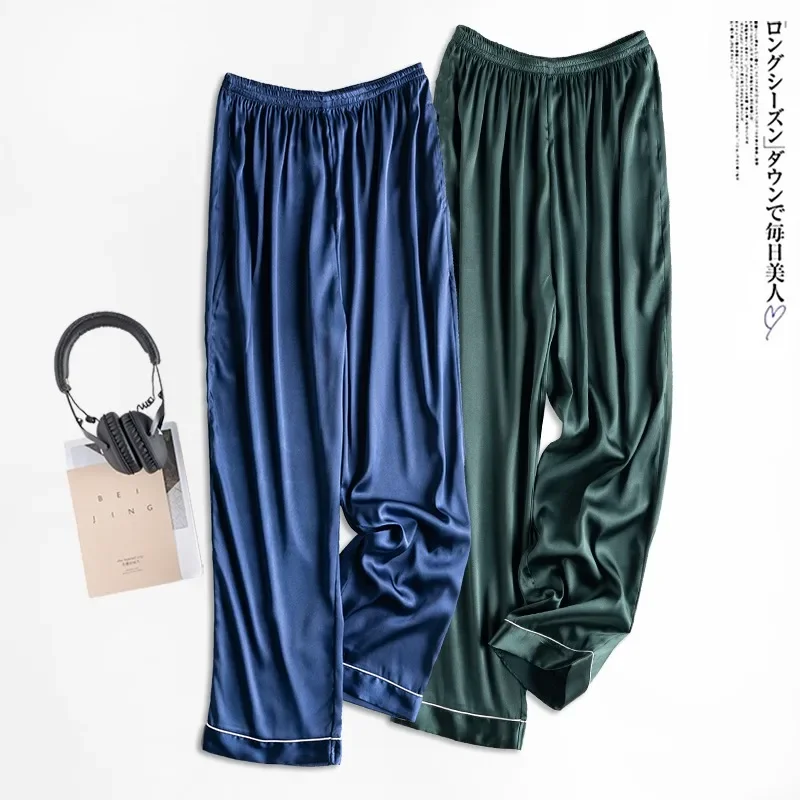 Spring Summer Satin Sleep Wear Women Pajama Solid Loose Sleeping Bottoms Ice Silk Pant Female Calf-Length Pants Lounge Home Wear