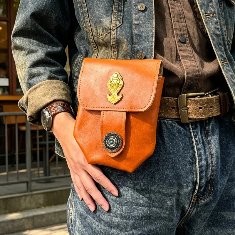 Vintage Waist Belt Bag For Men Big Mobile Phone Bag Genuine Leather Thick Shell Cell Phone With Protect Case Pocket Holder