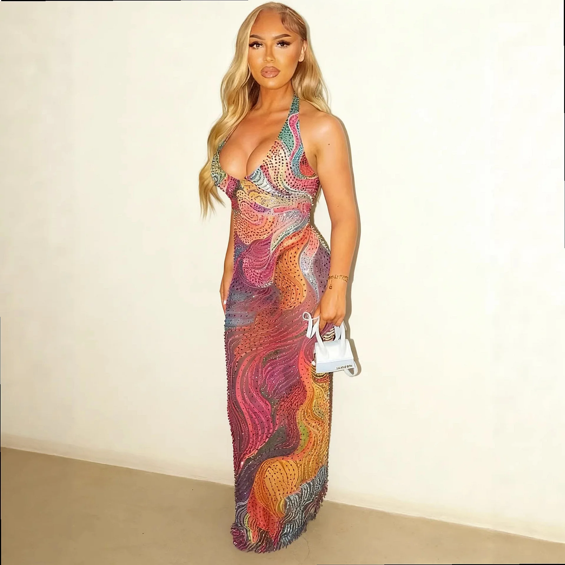 Colorful Halter Deep V Long Dress Women Bodycon Slit Evening Gown Gradient Print Midi Dresses