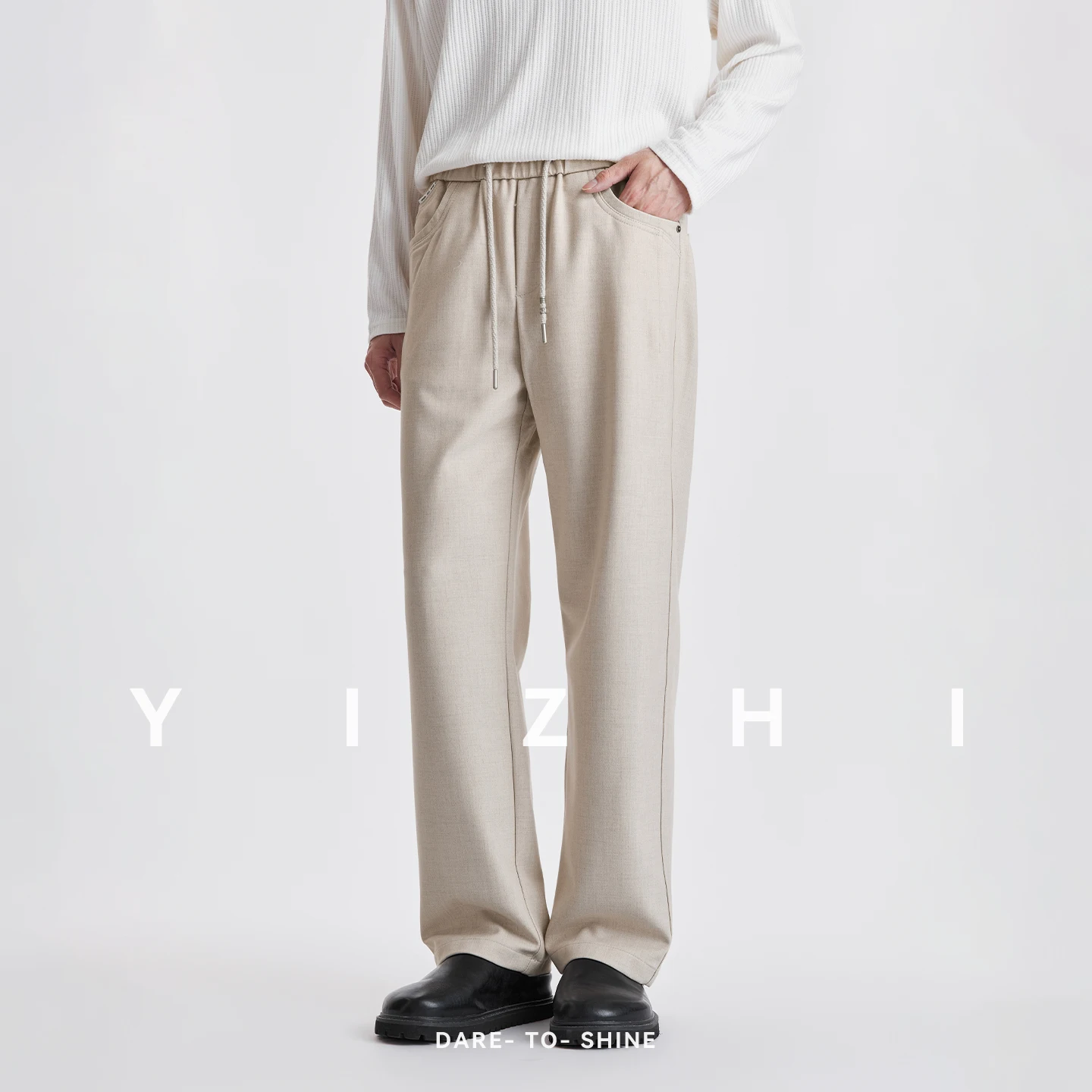 Men Lyocell Drawstring Elastic Waist Casual Pants 2026 Autumn Solid Color Loose Textured Commuter Straight Long Trousers