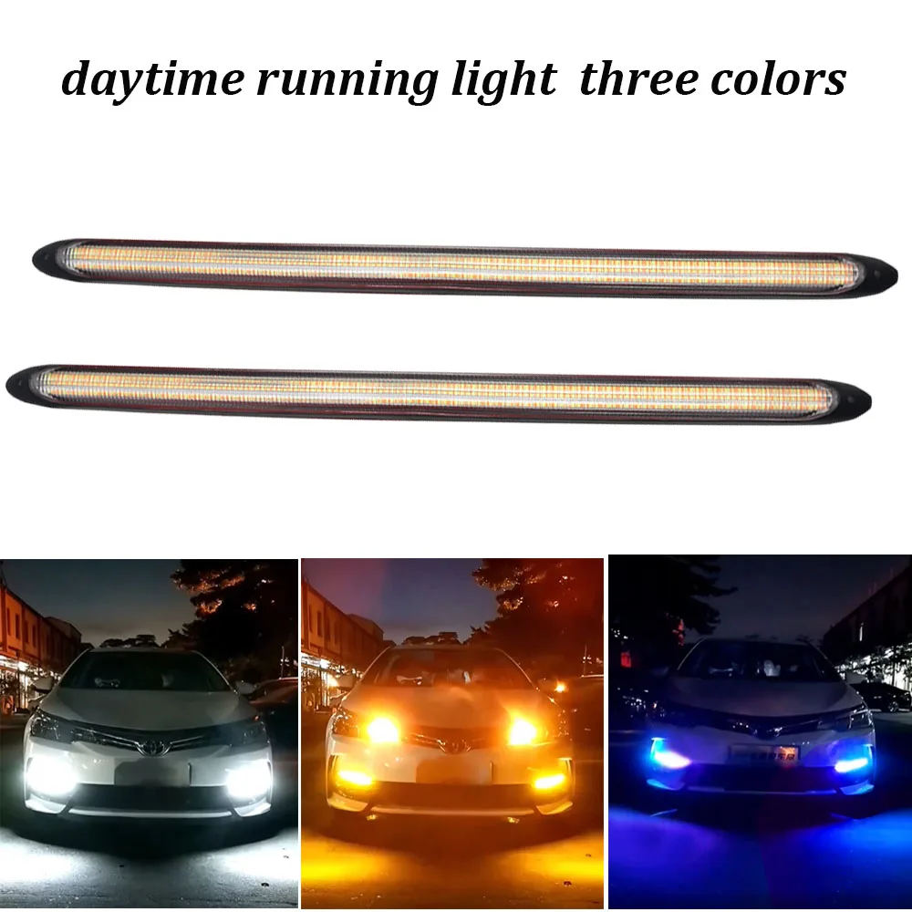 3Color White Blue Yellow 2x Daytime Running Light Strip Flexible Waterproof Led Signal Light Headlight DRL 12V Scan Flow Lamp