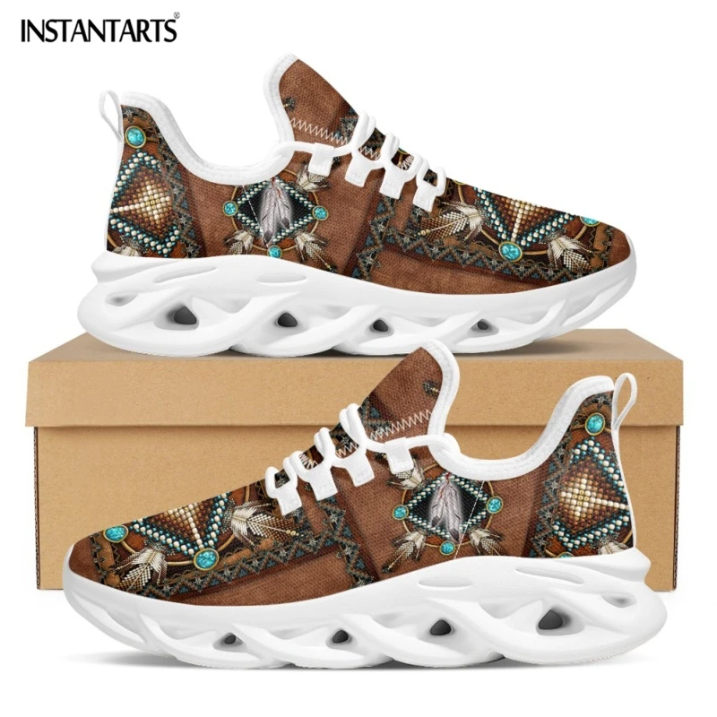 INSTANTARTS African Tribal Pattern Ladies Mesh Swing Sneakers Comfort Lace up Platform Shoes Lightweight Sport Shoes for Women