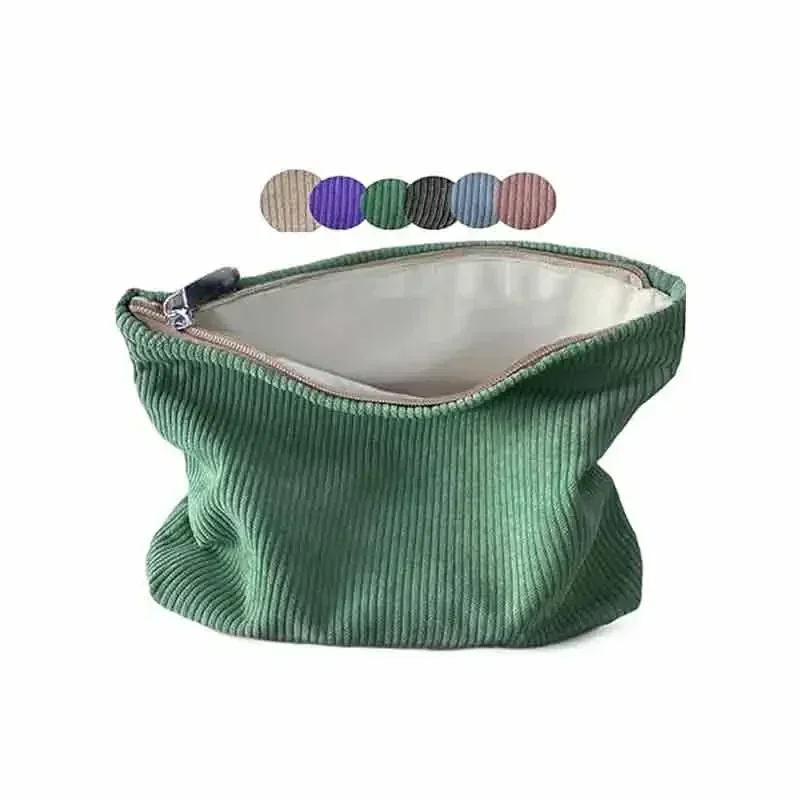 LW021 Vintage Corduroy Makeup Bag Cosmetic Pouch, Make Up Travel Purse Organizer,Cute Green