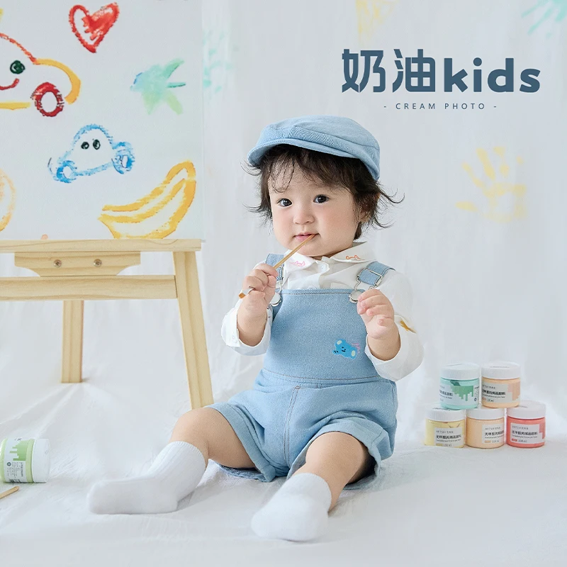 

1 Year Old Baby Photography Outfit Little Artist Theme Cute Beret +Long Sleeve Shirt +Denim Overalls +Socks for 12 Months Infant