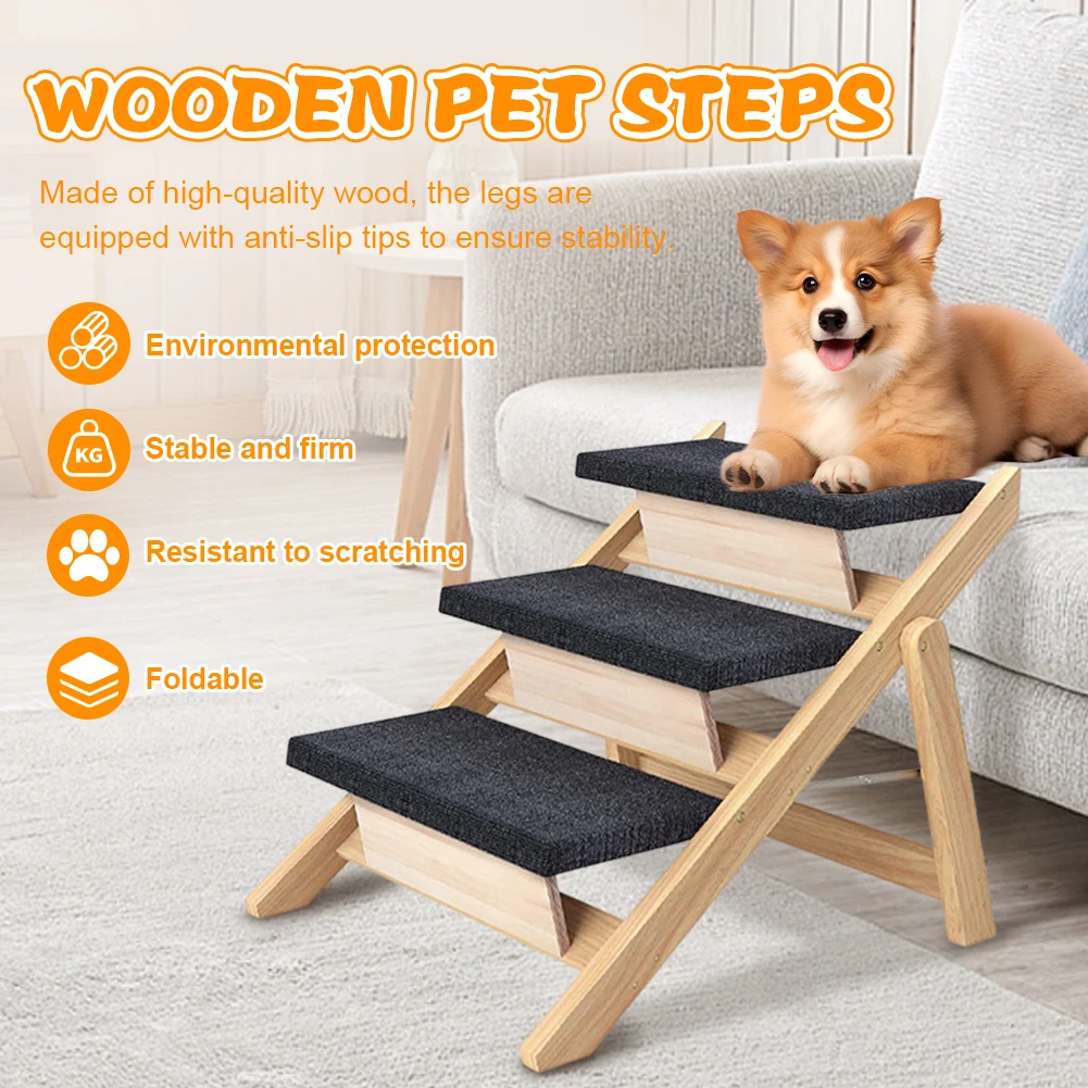 

Portable Foldable Dog Stairs Solid Wooden Cat Climbing Ladder Non-Slip Carpeted Ramp Space-Saving for Indoor Outdoor Pet Play &