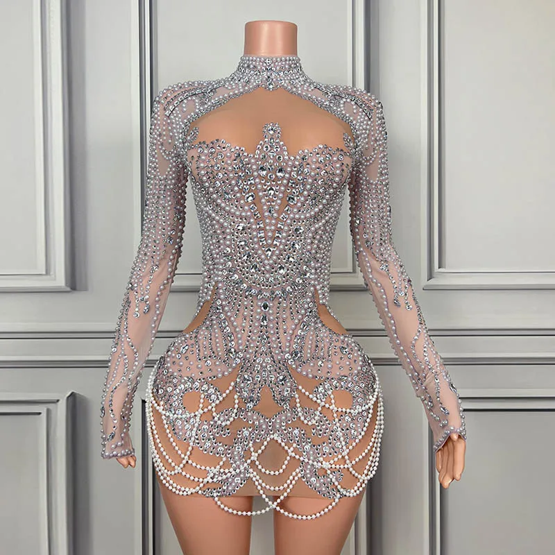 

Наряд для празднования дня рождения и выпускного вечера, женское короткое платье с жемчугом и стразами Gogo, наряд для вечеринки в ночном клубе, бара, женский сценический костюм VDL2041