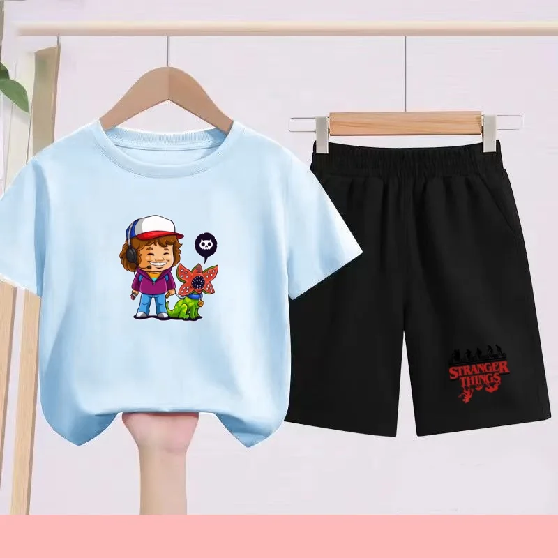 

Children's Summer Set with Cartoon Monster Patterns - Boys' and Girls' Sports T-shirts and Casual Short-sleeved Shorts Sets