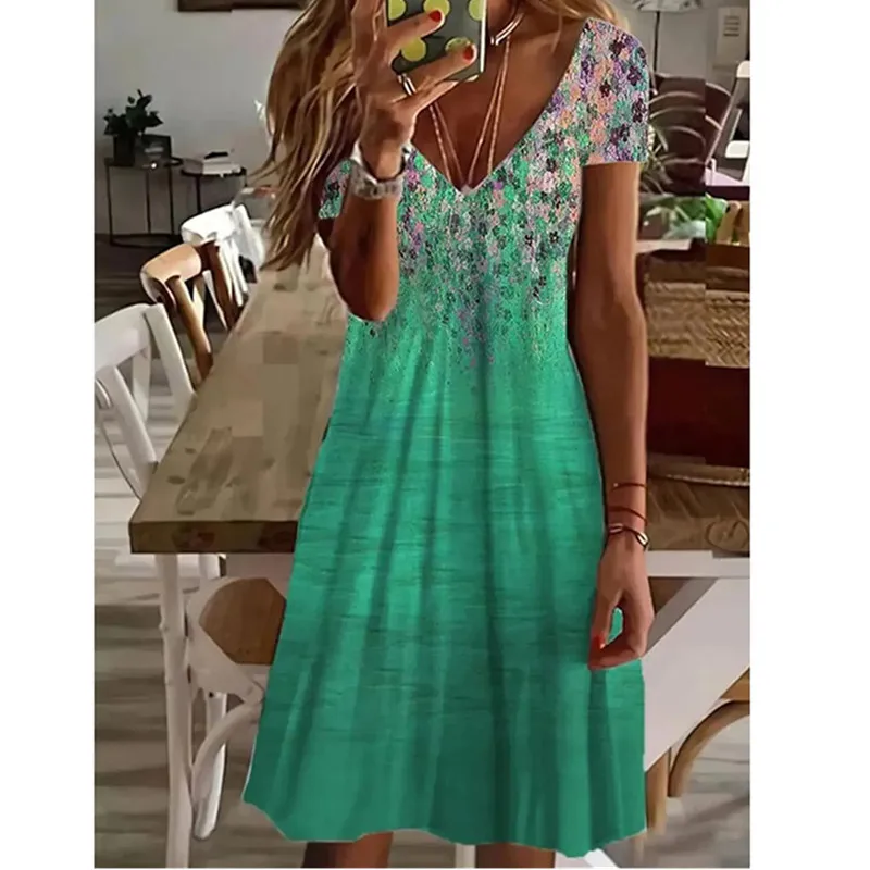 Women  Summer Short Sleeve V-Neck Casual Dress 3D Vintage Floral Printed Elegant Knee Length Dress S-3XL Lady Vestidos