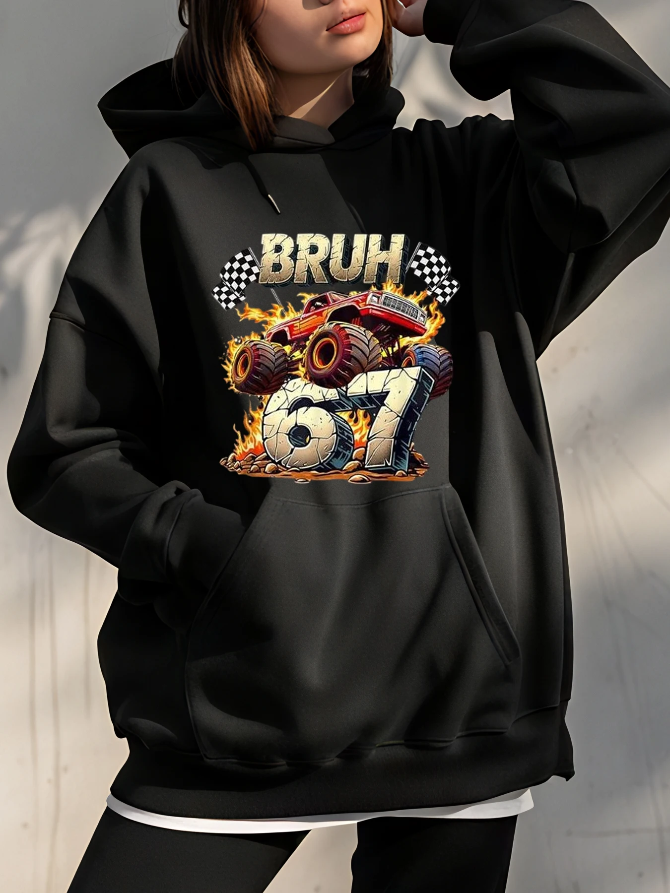 

Толстовка Monster Truck 67. с пламенем и клетчатым флагом. Повседневная одежда для молодежи и взрослых.