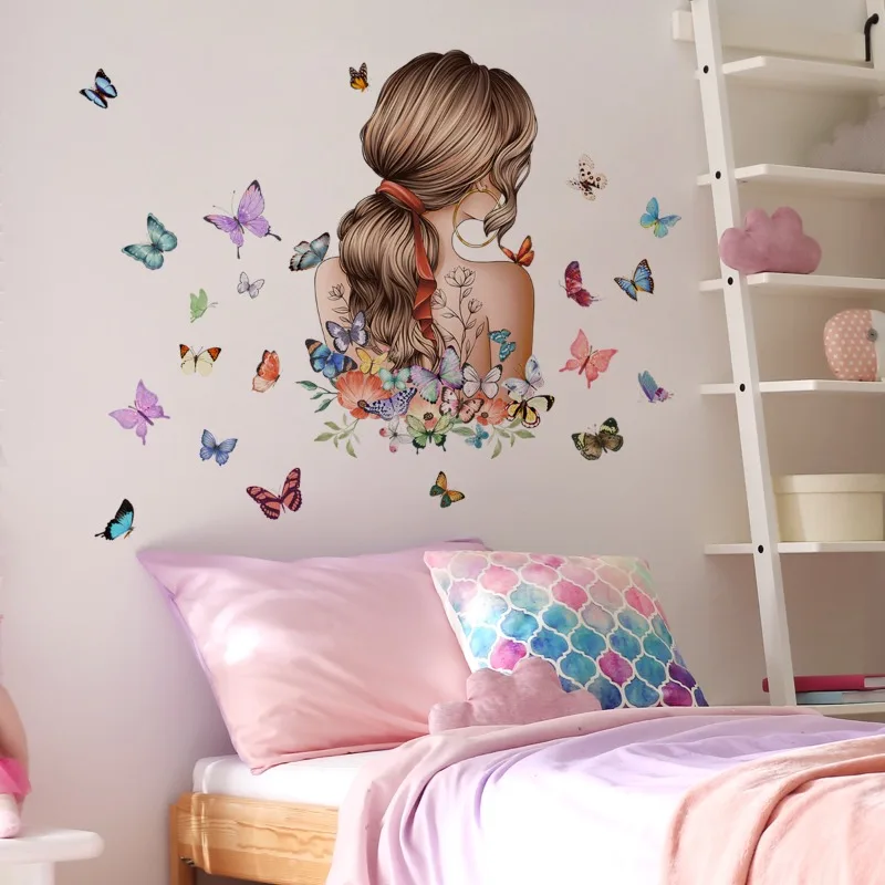 Pretty Girl Butterfly Self-adhesive Vinyl Wall Stickers For Bedroom Accessories Kids Room Decoration Wall Decor Home Decoration