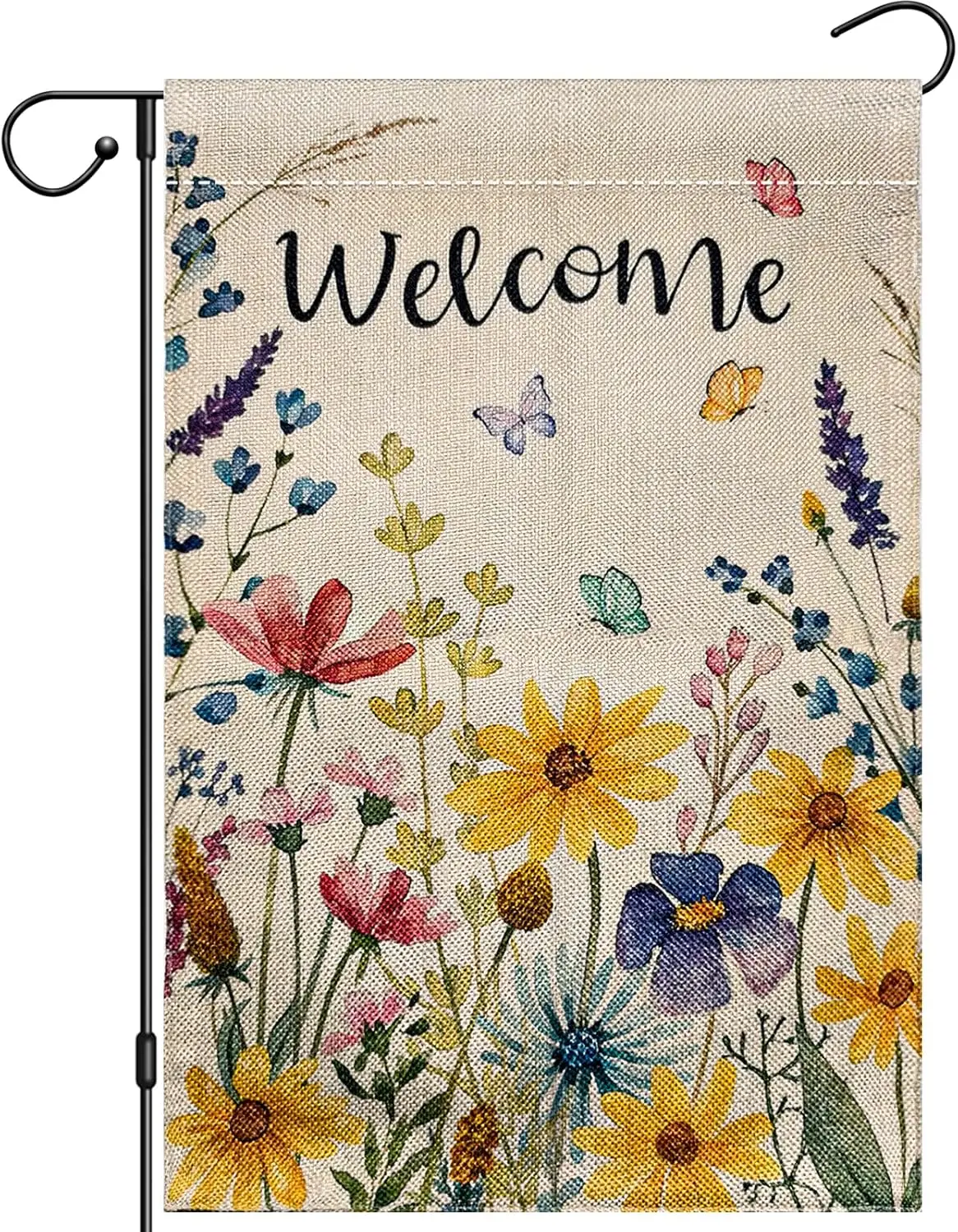 Welcome Floral Garden Flag 12x18 Inch Double Sided Outside, Colorful Flowers Burlap Yard Flag, Small Welcome Seasonal Garden SSL
