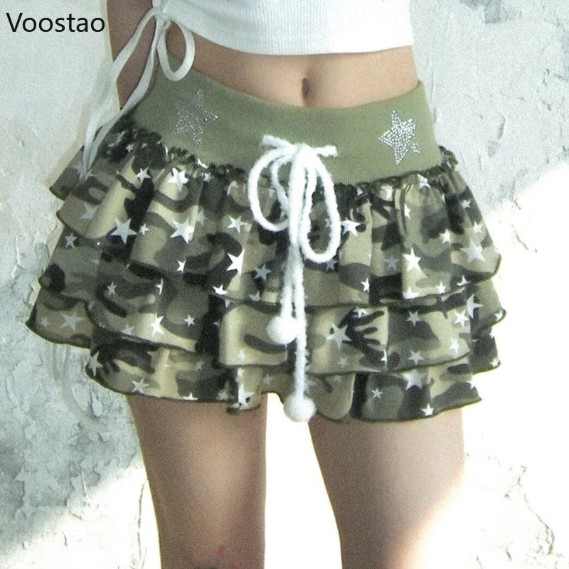 Gothic Camouflage Mini Skirt Harajuku Y2k Women Lace-up Elastic Waist Star Print Cake Skirt Female Streetwear Punk Short Skirts