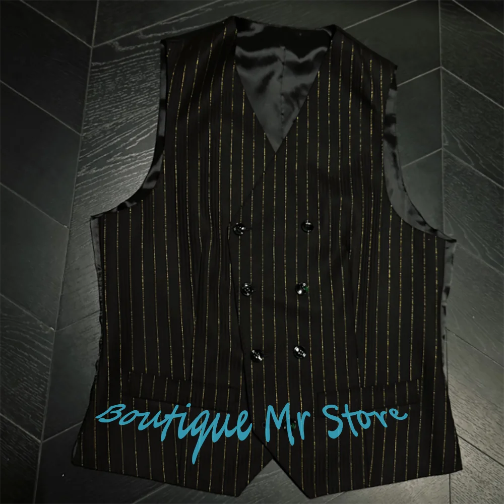 Men's Black Pinstripe Double-Breasted Suit Classic Formal Business 3-Piece Blazer Set Timeless Striped Tailored Wedding Attire