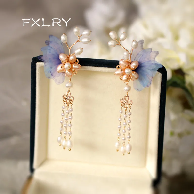 

FXLRY Original Handmade Natural Pearl Fringe Long Butterfly Classic Earrings For Women Jewelry