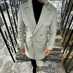 Vintage Lapel Double-breasted Woolen Coats Men Fall Winter Casual Solid Color Trench Overcoats Mens Trendy Pockets Windbreaker