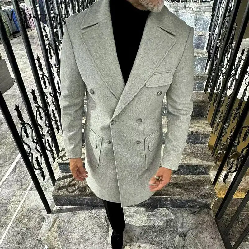 Vintage Lapel Double-breasted Woolen Coats Men Fall Winter Casual Solid Color Trench Overcoats Mens Trendy Pockets Windbreaker