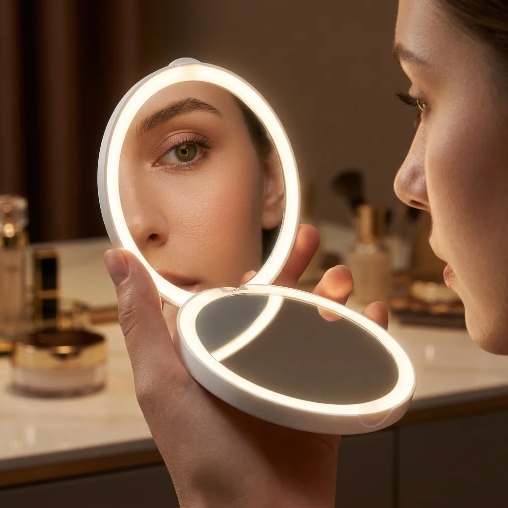 LED Makeup Mirror Portable Single Light Mini Cosmetic Mirror Battery Powered Pocket Small Mirror Lightweight Travel Outdoor Dail