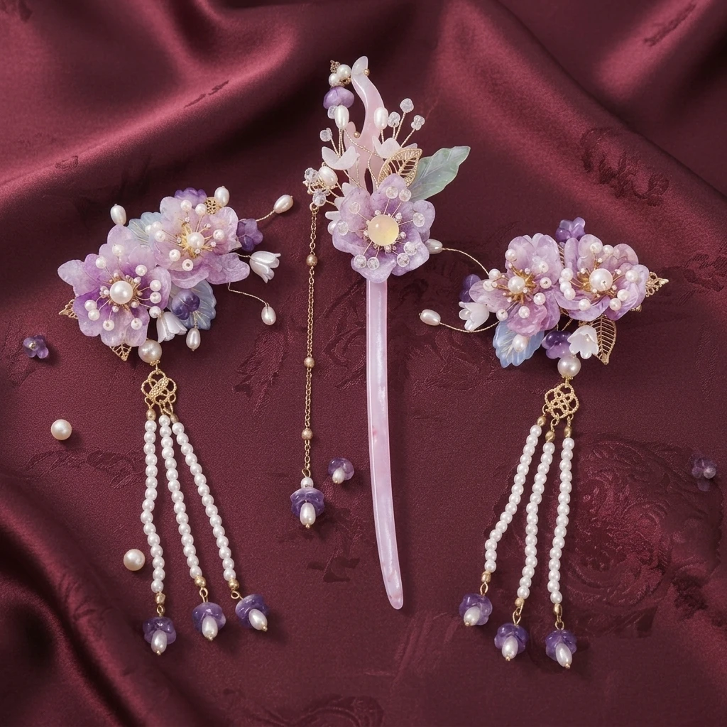 

Purple Flower Tassel Hairpin Set Alloy Traditional Chinese Style For Festival Wedding Hanfu Hair Accessories