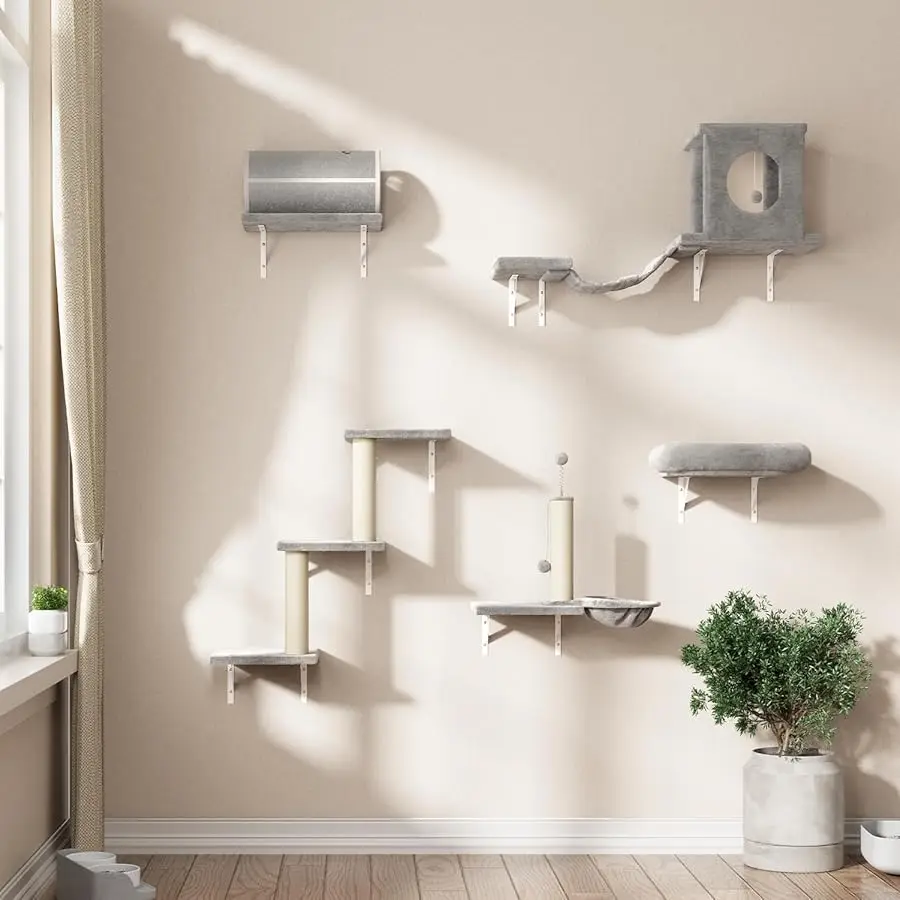 

NUNU LAB Cat Wall Shelves Set, 7 Pcs Wall-Mounted Cat Climber with Cat House, Tunnel, Bridge, Scratching Post, Hammock, Wall She