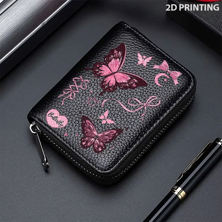 Pink Butterfly and BowLeather Pattern Card Bag, PU LeatherZipper Anti-theft Wallet, Multi Slot Accordion Style Card Clip,Suitabl