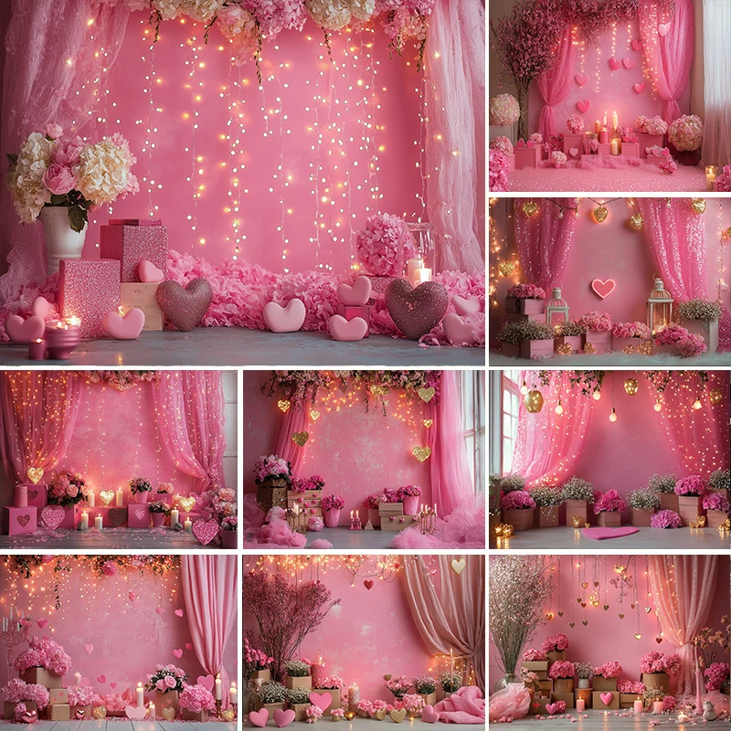 

Valentine's Day Photography Background Pink Curtains Love Lights Decor Romantic Confessions Adult Portrait Photo Backdrop Studio