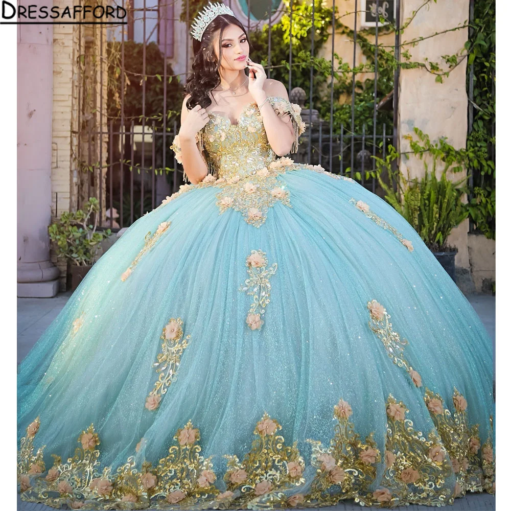 Mint Green  Ball Gowns Quinceanera Dresses Applique Lace Off Shoulder Birthday Party Mexican Girls Vestidos de 15 años