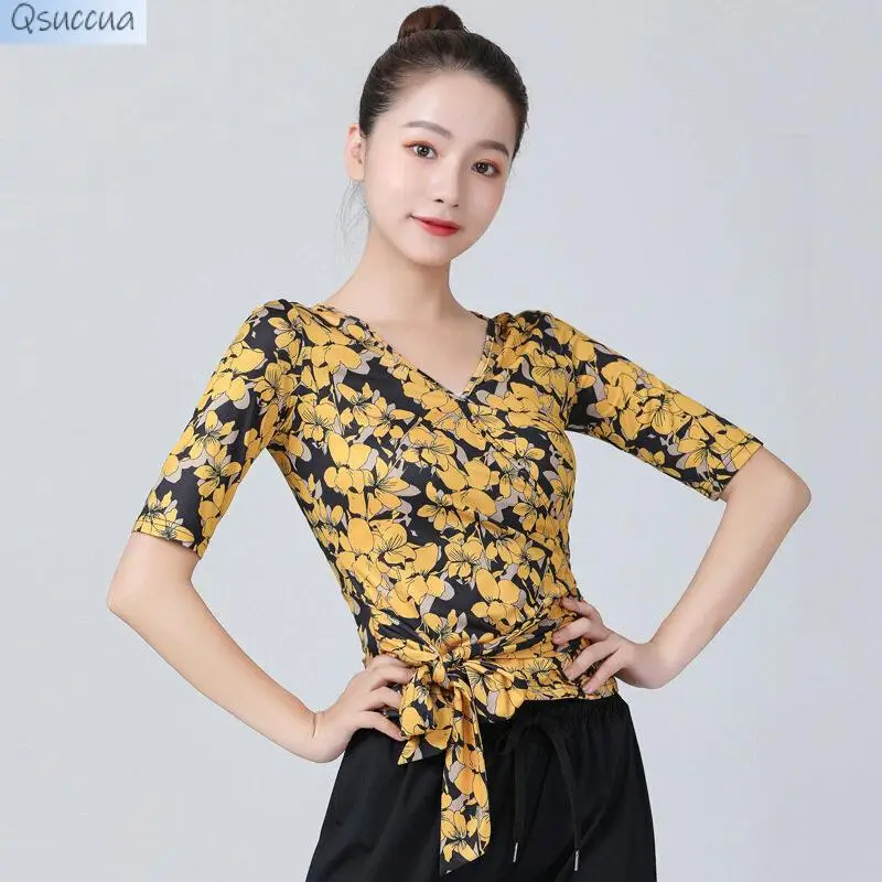 Latin Dance New Adult Women's Dance Clothes Tops Sleeves Exercises National Standard V-Neck, Modern Ballroom Dance Clothes