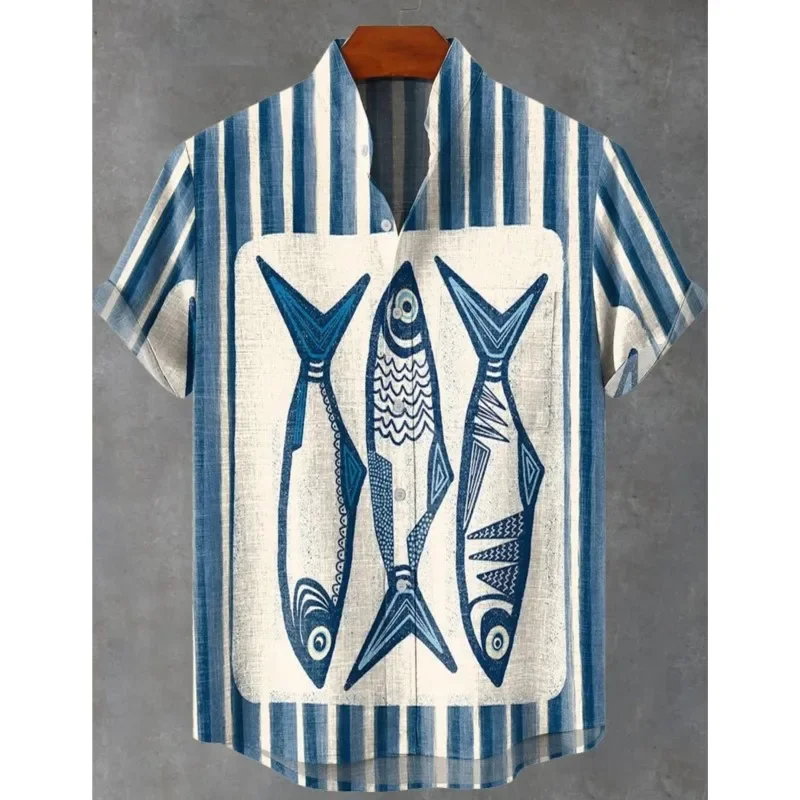 New Men's Ocean Fish Tropical Style 3D Printed Shirt Short Sleeve Lapel Basic Hawaiian Beach Vacation Party Shirt Outer Top