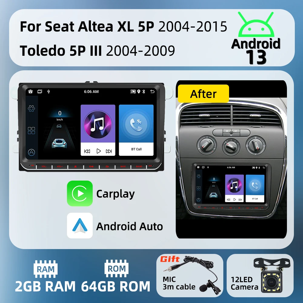 أندرويد سيارة الوسائط المتعددة 2 الدين راديو رئيس وحدة 9 "شاشة Carplay لمقعد ألتيا XL 5P 2004-2015 توليدو 5P III 3 2004-2009 ستيريو #1
