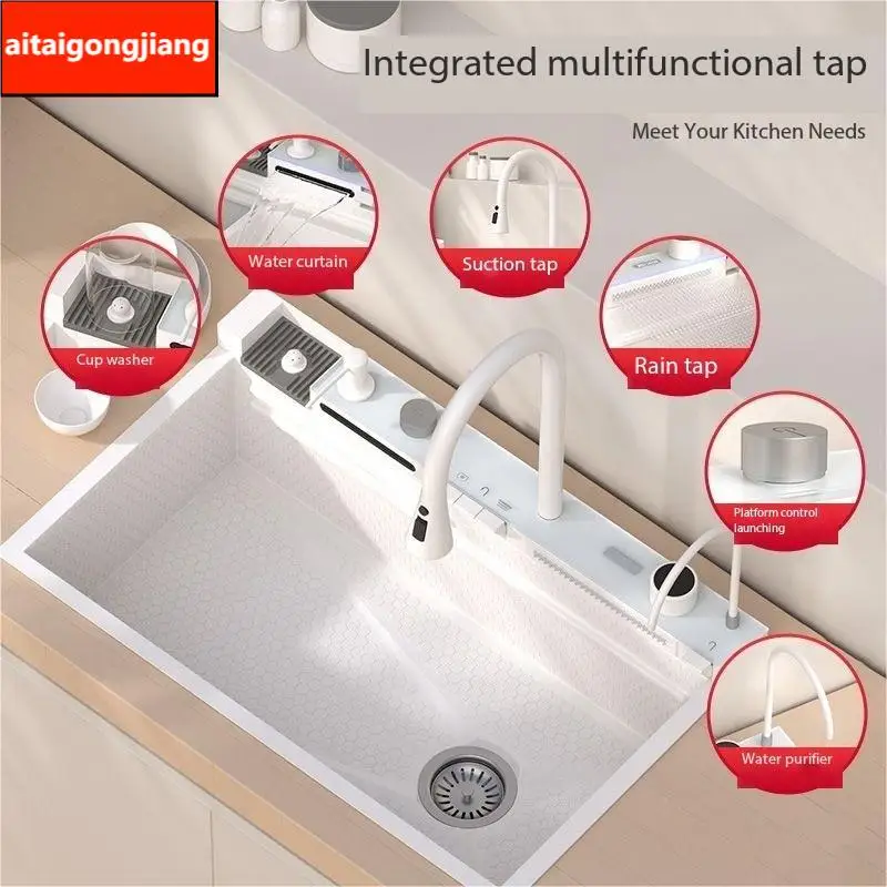 White Cocina Waterfall Kitchen Sink Honeycomb Technology Large Digitial Display Stainless Steel Drainage left right 5mm Panel