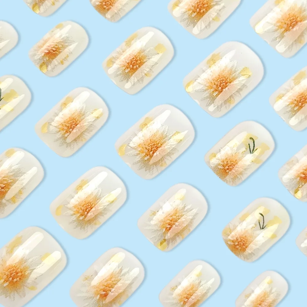 24 ピース/箱偽爪美的二重層フラワーショートヨーロッパスクエアタイププレスオンネイルピース友人へのギフトとして適しています