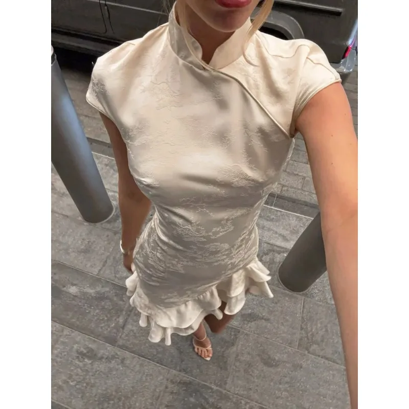 Fashion Ruffled Elegant Party Dress Women Short Sleeve Patchwork Slim Printed High Waist Dress Summer Female Mini Dress