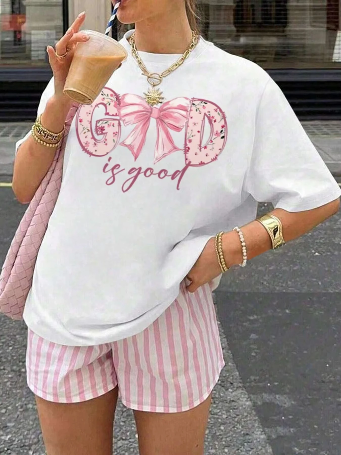 Women's Cotton Short Sleeve T-shirt 'God Is Good' Graphic Christian Jesus Bible Verse Bow Print Female Christian Clothing