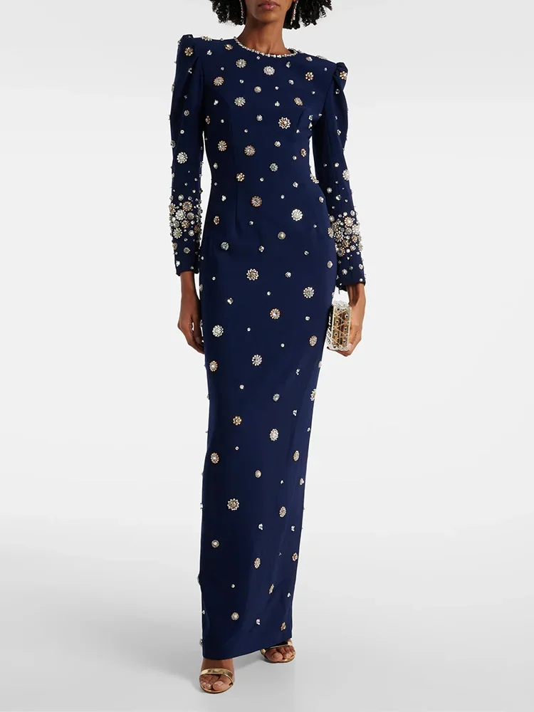 HIGH STREET Newest Fashion 2026 Designer Party Vestido Women\'s Formal Long Sleeve Luxurious Beaded Long Maxi Dress