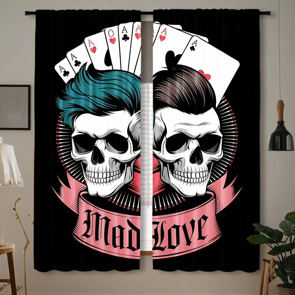 Best-selling Skulls Playing Cards Curtain Gothic Window Room Decor Mad Love Halloween Vegas Style Pattern Home Curtains