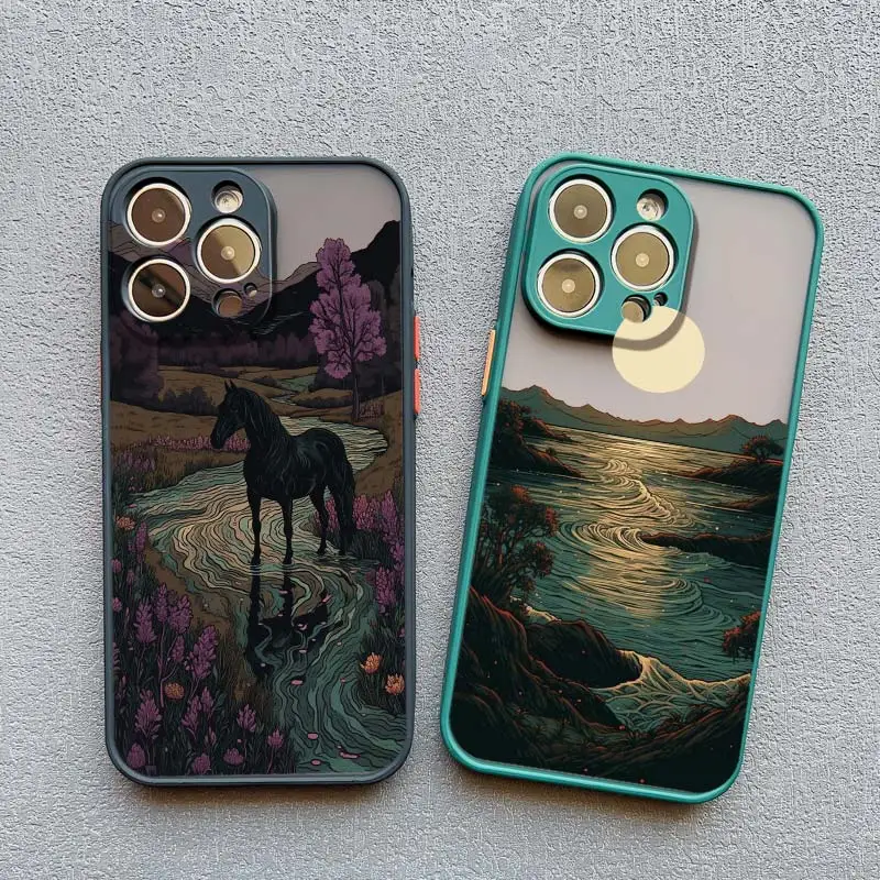 Forest Sunset Landscape Painting Phone Case For iPhone 16 11 13 12 Mini 15 Pro Max 14 7 8 Plus XR XS SE2 Beautiful Flower Cover