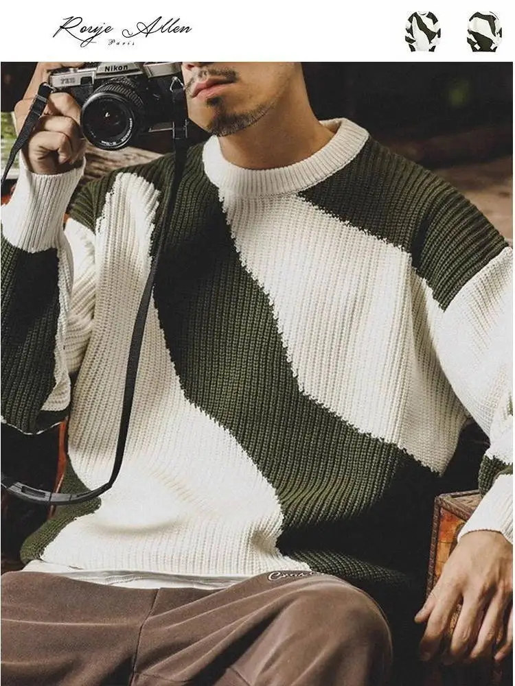 

Men's Knitted Sweater Autumn Winter Warm Thiened Color Blo Design Crew Ne Pullover Knitwear Casual Faion Streetwear