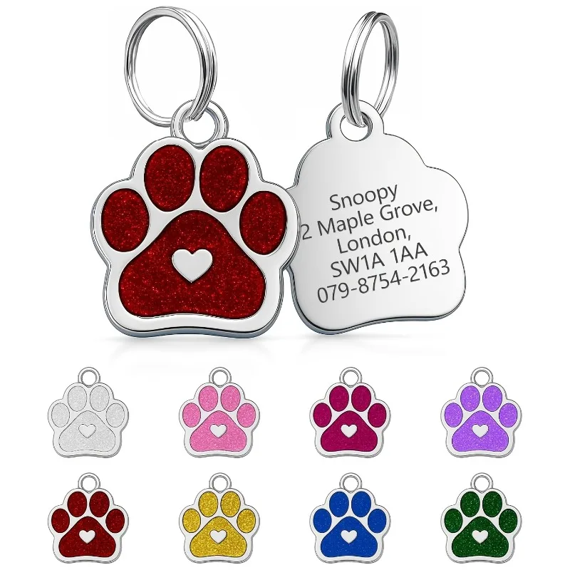 Multi-Color Sparkle Glitter Heart Paw Pet ID Tag Zinc Alloy Custom Engraving Dog & Cat Name Badge for All Pets