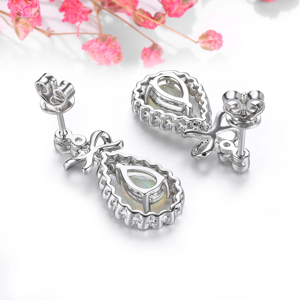 Natural Opal Sterling Silver Stud Earring Rhodium Plated Fine Jewelrys 1.1 Carats Genuine Gemstone Sweet Lovely Design Lady Gift