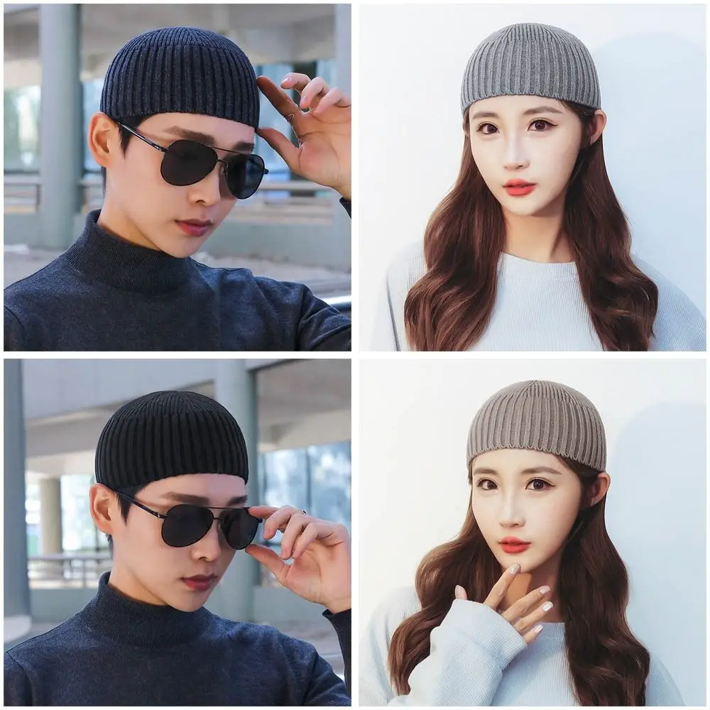 Hip-Hop Solid Color Knitted Cap Elastic Brimless Vintage Dome Hat Keep Warm Coarse yarn Bonnet Beanies Outdoor