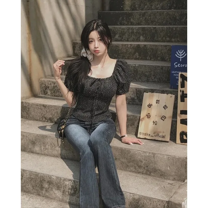 

Casual Sle Bubble Sve Dstring Pleated Polka Dot ort Sve irt Square Collar One oulder Women's Faion Summer Top