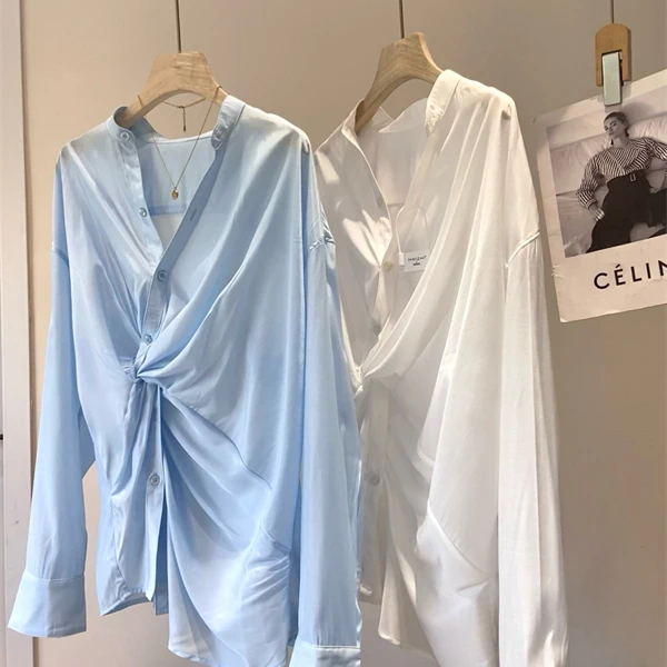 

High round Decomposition Design Loose Shirt Women's Premium Fashion Casual Summer Long Sleeve Collar Knot Waist Cinched Top